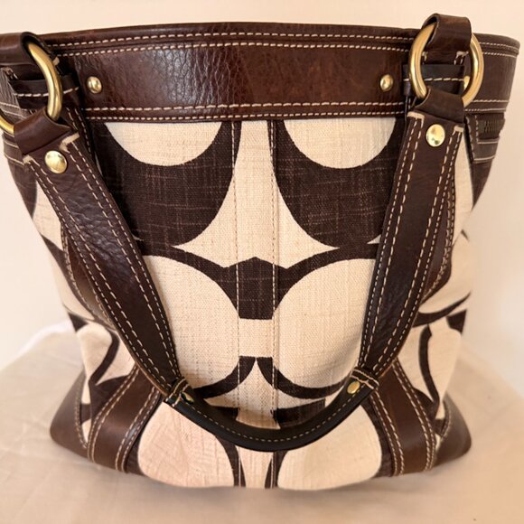 Coach Signature Linen Tote – Brown & Tan, 12"H x 10"W x 9"D - Picture 7 of 13